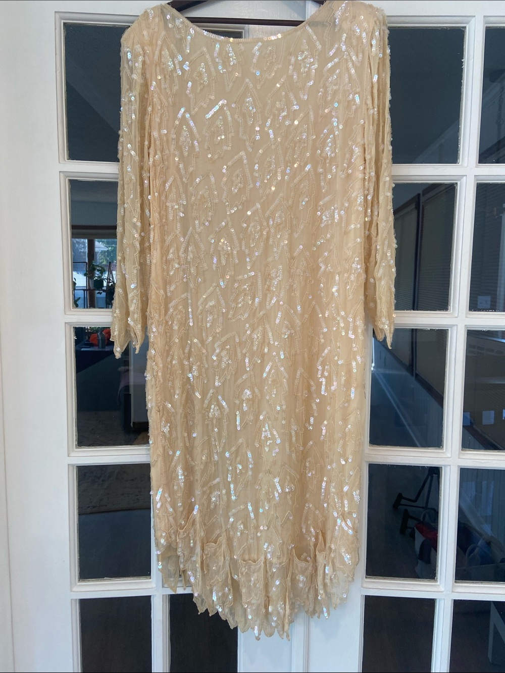 Vintage Art Deco Geometric 80s 90s Silk Sequin Flapper Style Cocktail Gown